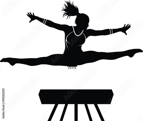 Female Gymnast Performing Split Leap Over Vault Silhouette Vector, Artistic Gymnastics, Sport, Competition, Athlete, Flexibility, Dynamic Action,  Graphic.