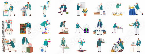 A comprehensive vector set illustrating the joy, hobbies, celebration, and planning involved in a successful retirement and starting a new life chapter.