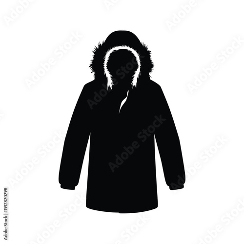 Winter coat with fur hood, elegant silhouette vector illustration for fashion design, furtrimmed parka silhouette vector illustration