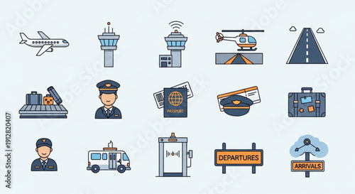 Airport icons set including travel transportation and tourism elements with various symbols