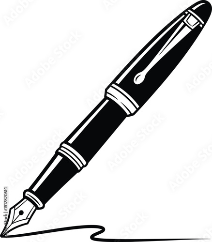 A black fountain pen with a silver nib writing on paper