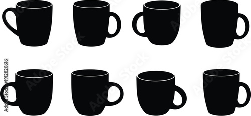 Eight black mugs arranged in two rows on white background