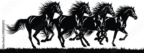 Four Wild Horses Galloping Silhouette Vector Illustration, Running Stallions with Flying Manes and Tails, Powerful Black Animal Graphic for Freedom and Speed Concept.