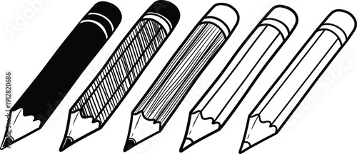 Five pencils with different shading techniques