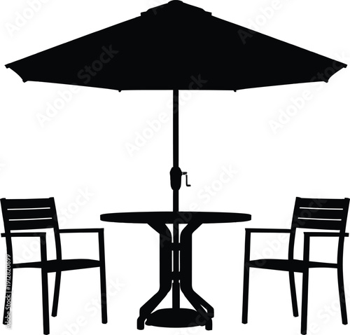 Black patio set with umbrella and two chairs