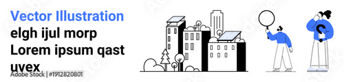 Illustrated city buildings with solar panels alongside two characters, one holding a balloon, emphasizing sustainability and human interaction. Ideal for environment, technology, education, urban
