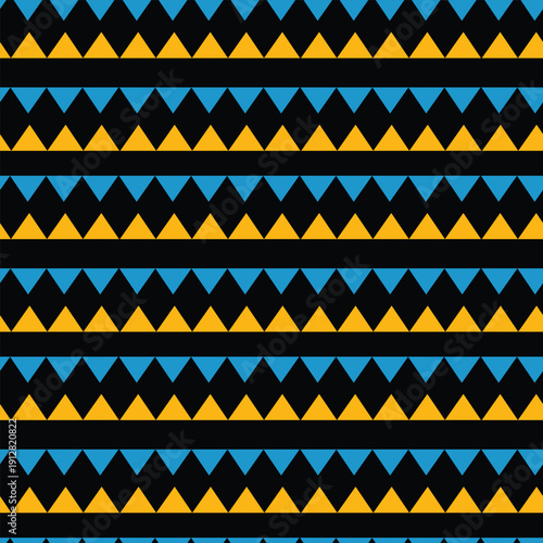 Colorful geometric pattern featuring black, blue, and yellow triangles in a repetitive design.