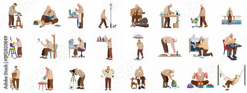 Diverse hobbies and daily activities of an active senior man enjoying his retirement, illustrating a healthy and engaged elderly lifestyle.