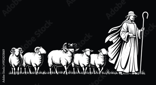 Good Shepherd Leading Flock of Sheep and Rams Black and White Vector, Biblical Religion Theme, Christ, Pastor, Staff, Jesus Symbolism, Isolated Illustration