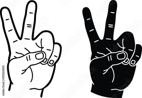 Clean Line-Art and Silhouette Pictograms of a Human Hand, Modern Graphic Illustration of the V-Sign for Success and Harmony, vector, illustration, silhouette.