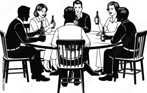 WebGroup of Friends Drinking Beer Bottles Silhouette, Six People Socializing and Conversing at Round Dinner Table, Vintage Illustration for Party, Celebration, and Community.