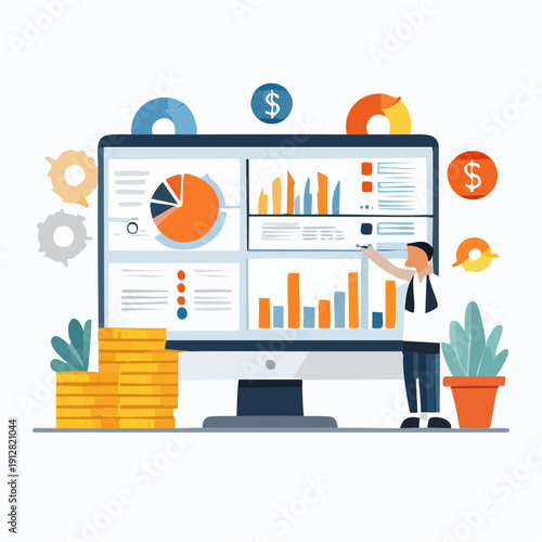 Flat illustration of a businessman analyzing graphs and charts on a large computer monitor with various financial symbols around, conveying a professional and productive mood.