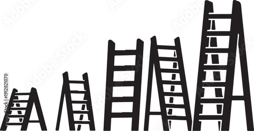 Black silhouettes of ladders in different heights and positions