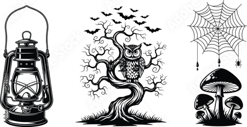 WebHalloween Collection Silhouette Vector, Spooky Vintage Lantern, Creepy Owl on Twisted Tree with Bats, and Poisonous Mushroom Spiderweb Set for Holiday Design.