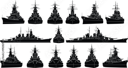 Black Warship Silhouette Vector Collection with Various Navy Battleship and Military Destroyer Icons Isolated on White Background for Maritime Defense Designs