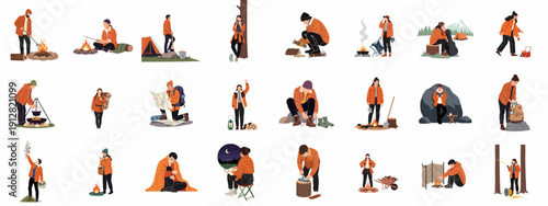 Camping and Outdoor Adventure Activities Vector Set. People hiking, making campfires, setting up tents, and preparing survival gear isolated on white.