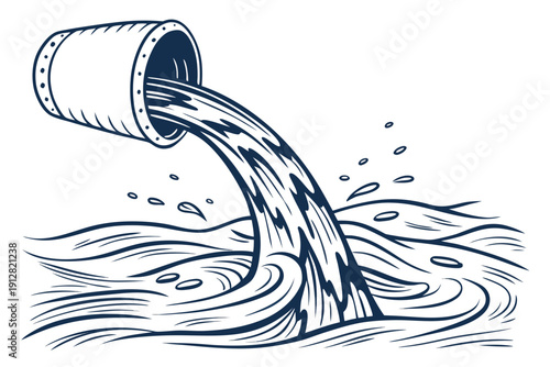 A vector graphic illustration of a pipe pouring liquid into a flowing stream of water in a minimalist line art style