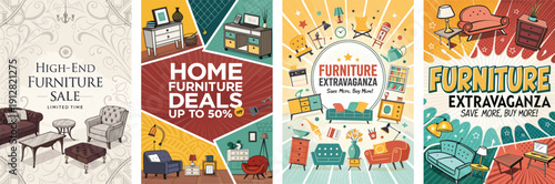Colorful promotional banners for a high-end furniture sale with stylish designs.
