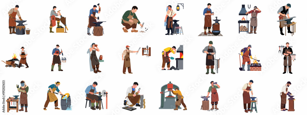 Fototapeta premium Collection of Vector Illustrations Featuring Blacksmiths and Metalworkers Engaged in Forging, Shaping Metal, and Performing Traditional Craftsmanship Tasks.