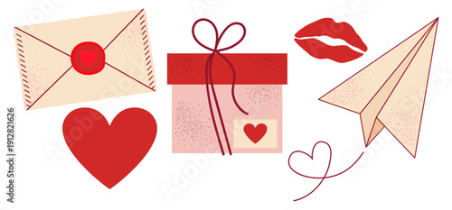 Valentine's Day set: paper airplane, box, heart, lips, letter