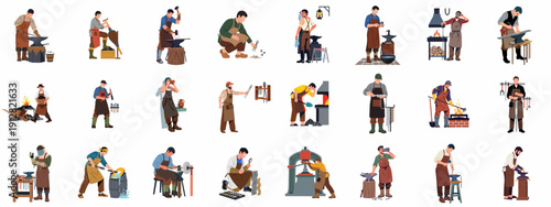 Collection of Vector Illustrations Featuring Blacksmiths and Metalworkers Engaged in Forging, Shaping Metal, and Performing Traditional Craftsmanship Tasks.