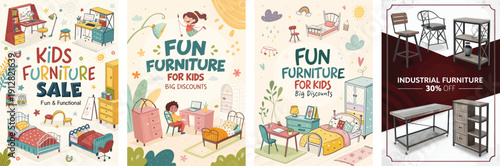 Colorful promotional banners for kids' furniture sales featuring playful designs.