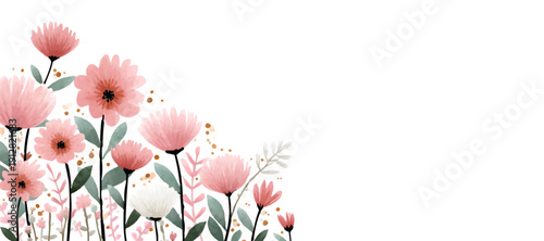Delicate botanical border with pink blooms and garden plants, vintage-inspired illustration perfect for invitations, cards, and summer meadow designs with natural elegance. Vector illustration.