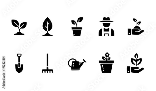Minimal gardening solid vector icons set