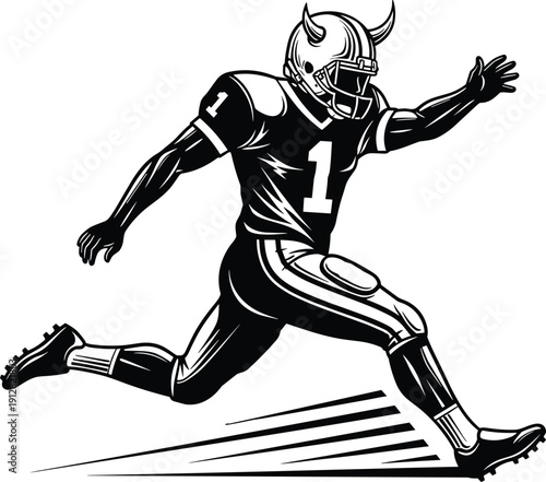 Here is a title and a set of keywords for the uploaded black-and-white illustration of the football player running, optimized for Adobe Stock and SEO.