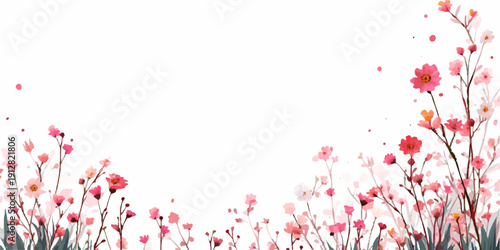 Watercolor floral border with delicate wildflowers and botanical elements. Spring garden blooms frame elegant wedding invitations. Pink petals create romantic backgrounds. Vector illustration.