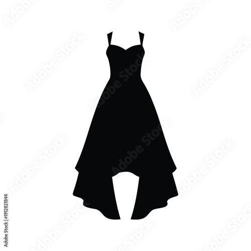 Elegant black and white evening dress with unique cutout design silhouette vector illustration, highlow hem dress silhouette vector illustration
