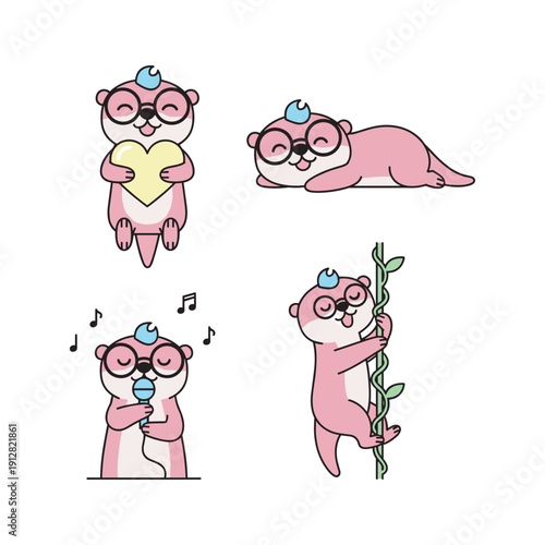 Cartoon sloth characters with glasses in various activities on white background