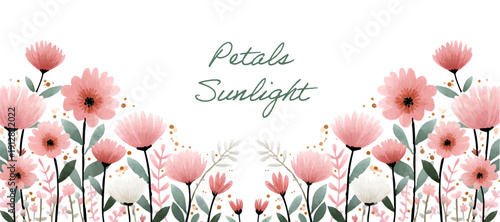 Spring floral banner featuring delicate wildflowers in soft pink hues, botanical illustration with garden blooms, ideal for wedding stationery and wildflower-themed projects. Vector illustration.