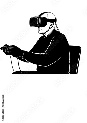 Senior woman playing video games VR brain training cognitive health silhouette vector