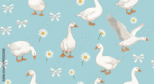 Cute Geese and White Daisies Seamless Pattern Light Blue Background