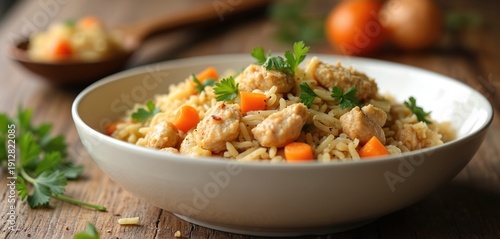 Chicken and rice pilaf with carrots and parsley served in white bowl. Delicious meal with cooked grains and meat on wood table. Cozy dinner with fresh herbs and warm food.