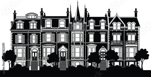 Here is a title and a set of keywords for the uploaded black-and-white illustration of the terraced row houses, optimized for Adobe Stock and SEO.