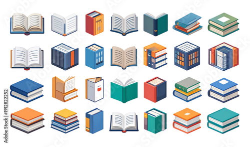 Book and library solid vector icon set