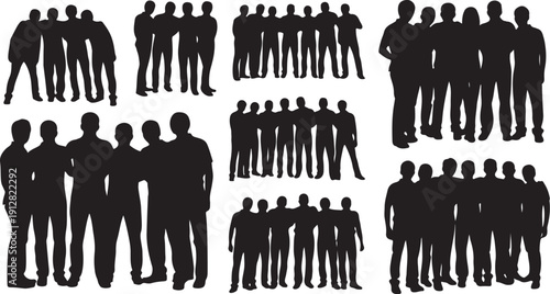 Silhouettes of people standing in various group formations together