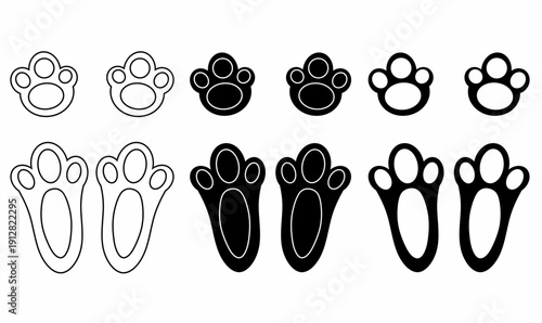 Rabbit paw prints and bunny footprints icon set,outline and silhouette, isolated icons for logo, pattern, sticker, pet branding, and wildlife design. vector illustration