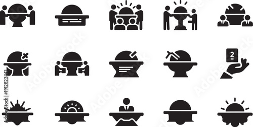 Black and white icons of people in various hats