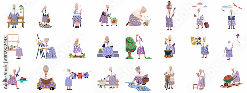 A Comprehensive Set of Vector Illustrations Depicting a Senior Woman Engaged in Various Active and Leisure Activities, Celebrating an Energetic Old Age.