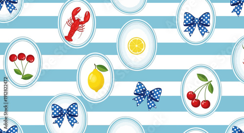 Seamless Nautical Pattern with Blue and White Stripes, Lobster, Lemon and Cherry in Oval Frames