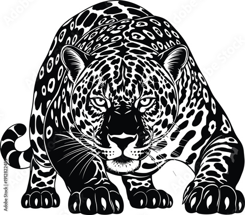 Jaguar or Leopard Roaring Pouncing Vector Illustration, Spotted Wild Cat, Jungle Predator, Wildlife, Hunter, African Savannah, Black and White Graphic.