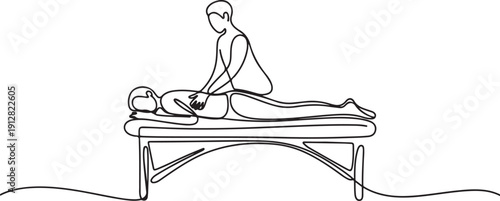 One continuous line art drawing of massaging on a table. Rehabilitation therapy, massaging on a table. Physiotherapy treatment  One Line Drawing Vector.