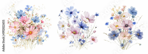 Watercolor wildflower bouquet with delicate blooms perfect for wedding invitations, floral cards, and spring garden designs. Botanical illustration with natural flower arrangement. 