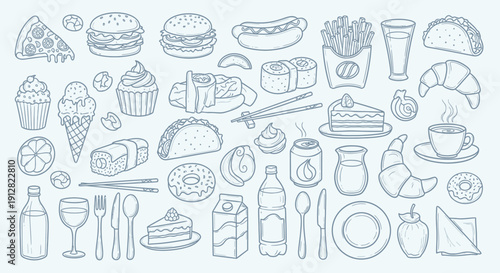 Hand Drawn Doodle Fast Food and Drink Icons Set, isolated light blue background