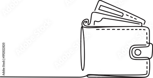 Continuous one line drawing of money wallet. One line drawing illustration of wallet. Business, banking, finance, e - commerce concept One Line Drawing Vector.