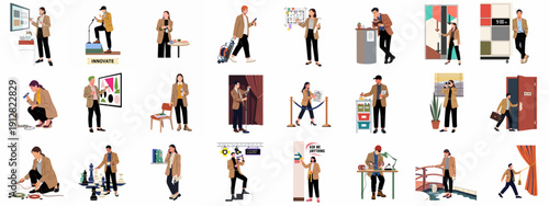 Vector illustration set of business people coordinating events, managing technical setup, presenting ideas, and handling essential organizational tasks.
