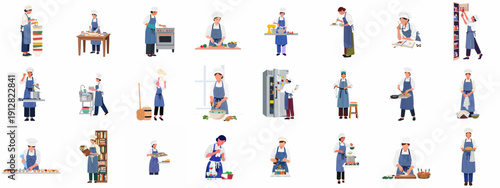 A comprehensive set of vector illustrations depicting chefs engaged in various professional cooking, baking, and kitchen preparation activities.